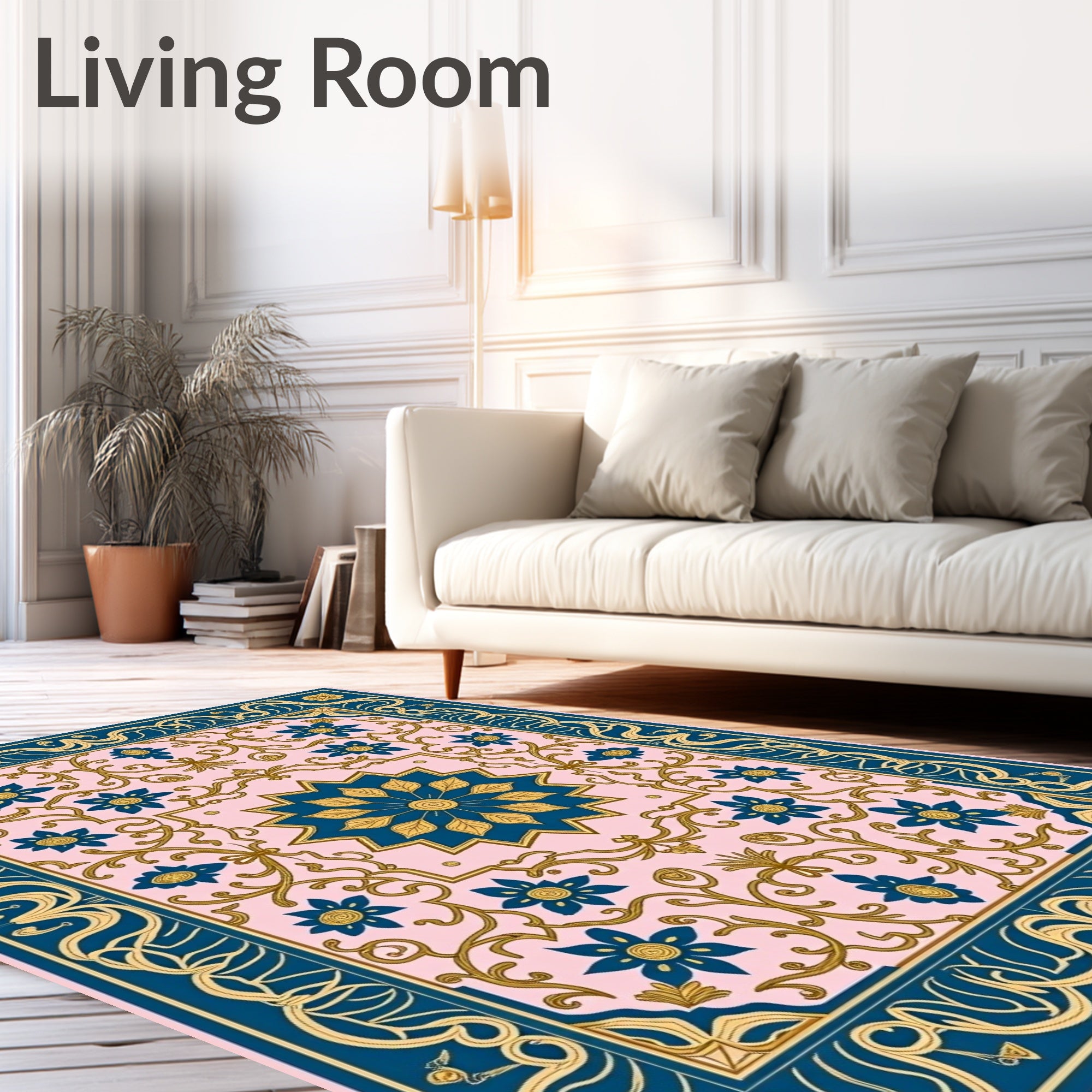 Teal Blue Floral Medallion Pink Rug