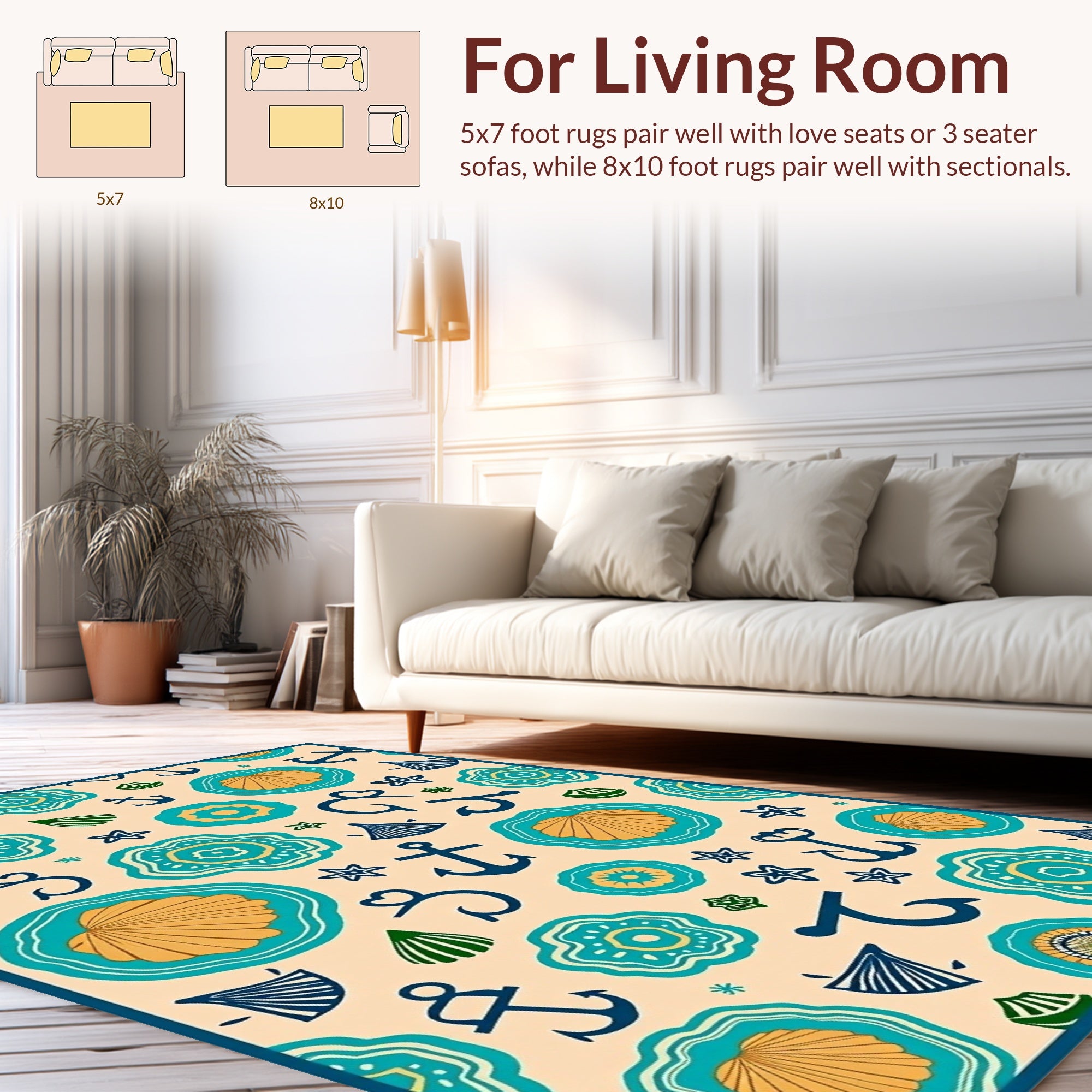 Nautical Icons In Teal And Ochre Rug