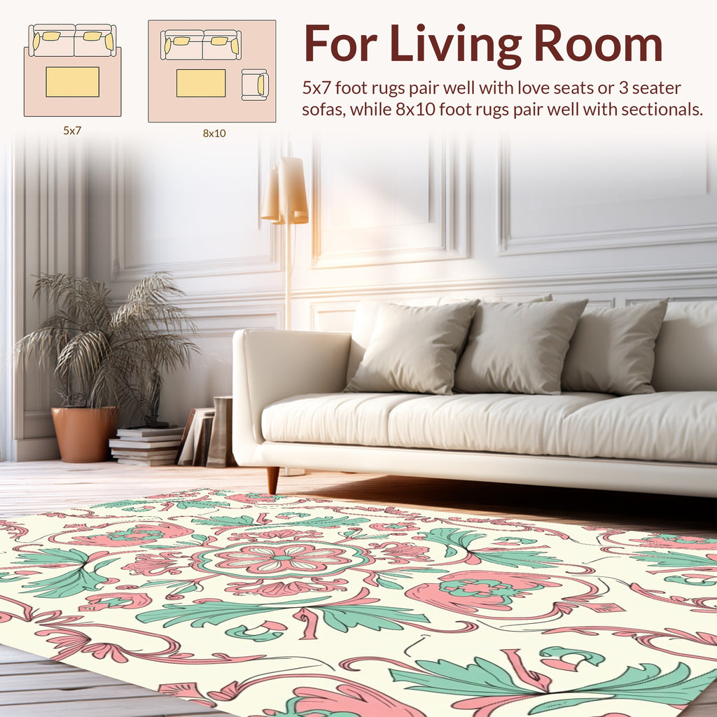 Floral Scrollwork Pink Mint Pattern Rug
