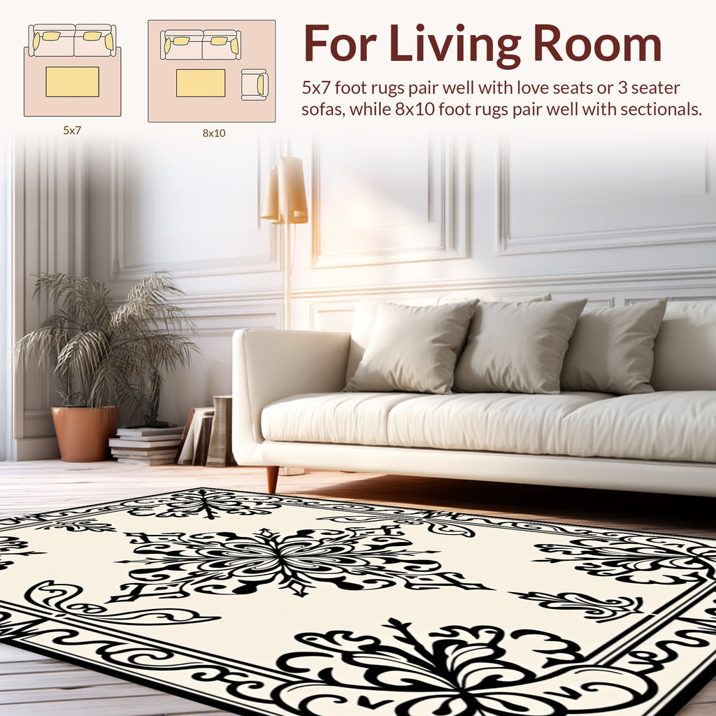 Classic Arabesque Black Ivory Tiled Pattern Rug
