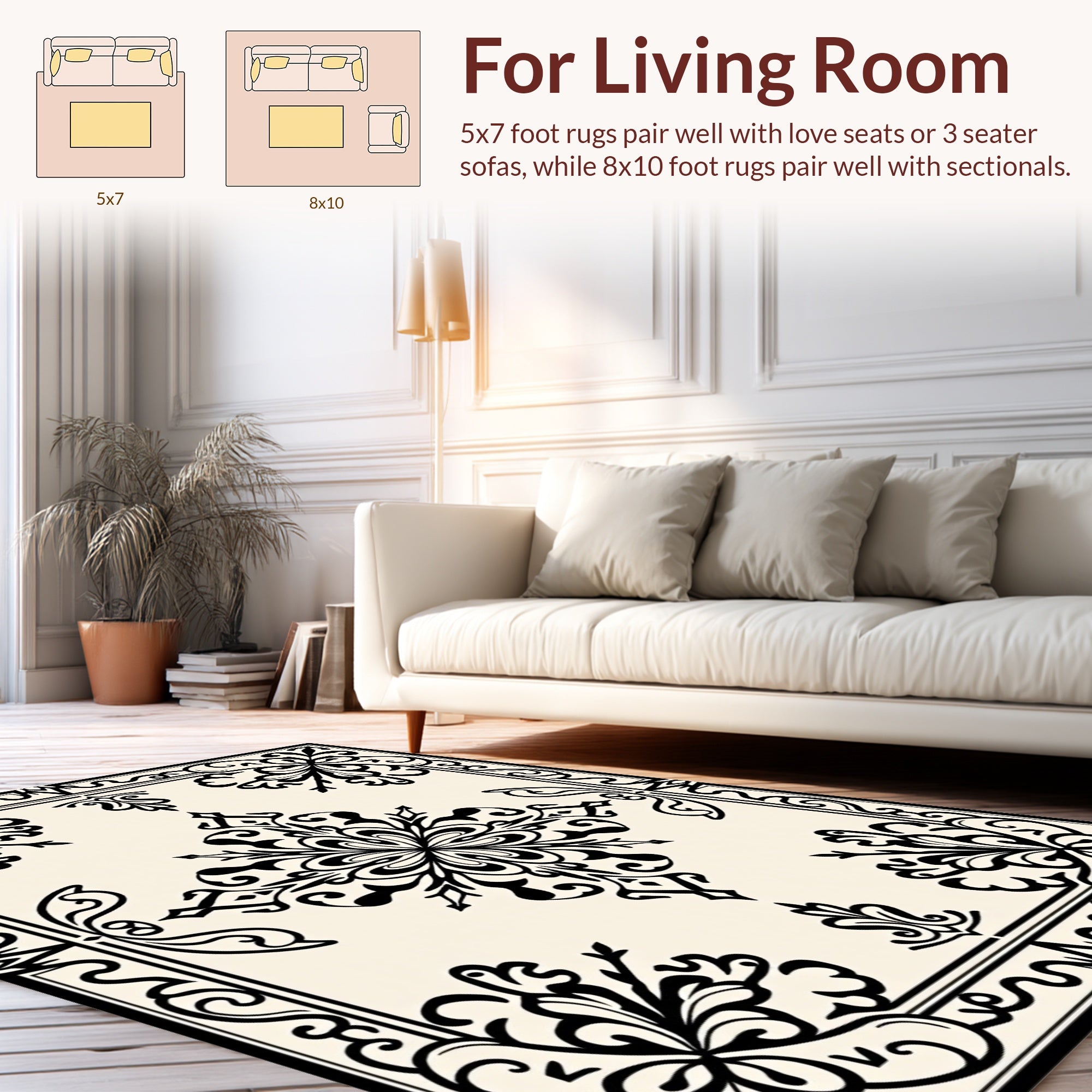 Classic Arabesque Black Ivory Tiled Pattern Rug