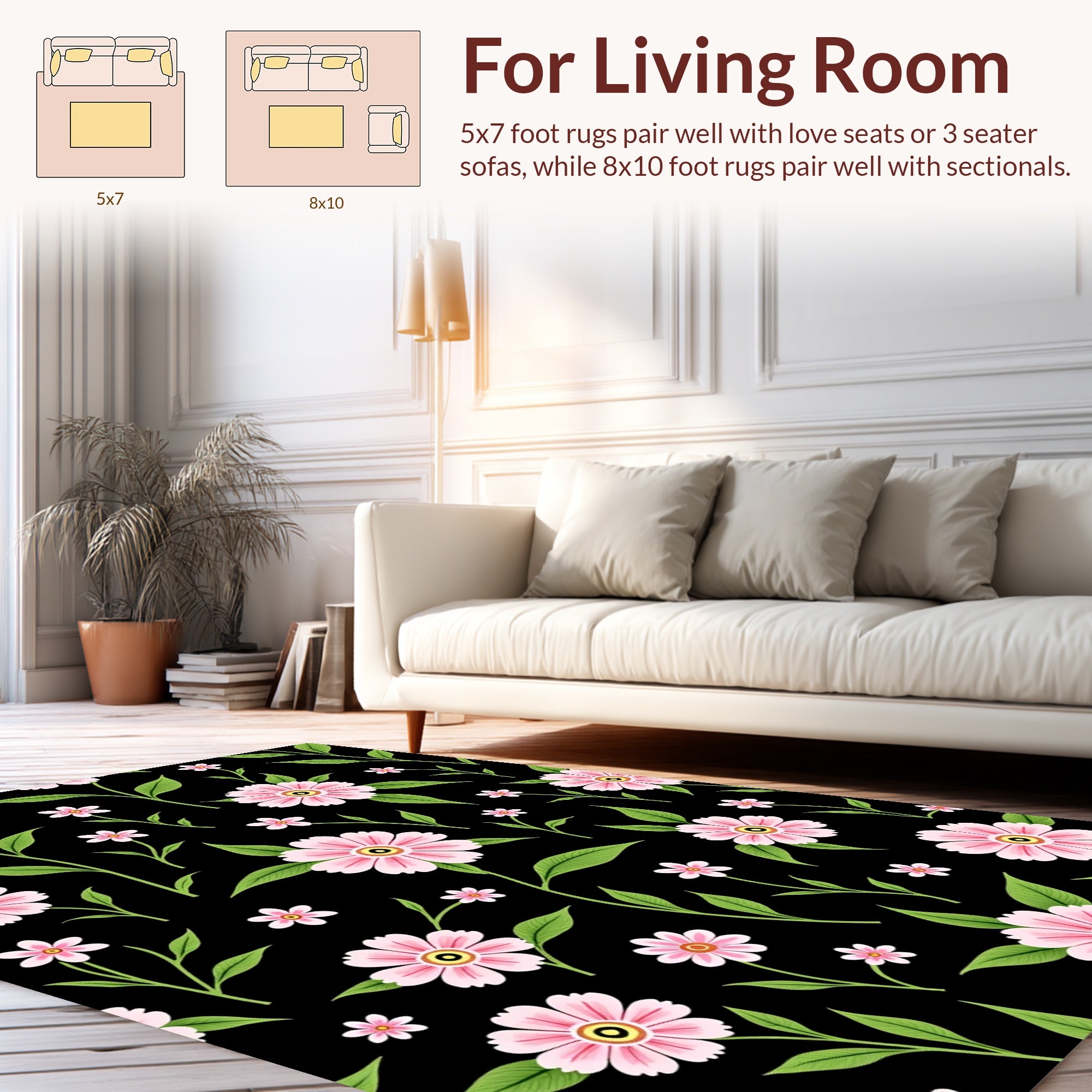 Pink Floral Foliage Patterned Rug
