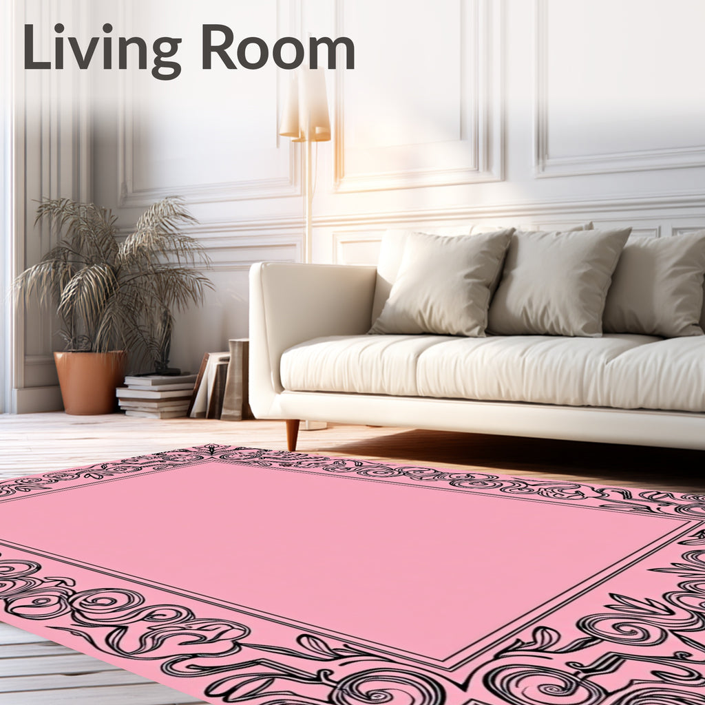 Ornate Pink Whirling Vine Border Rug
