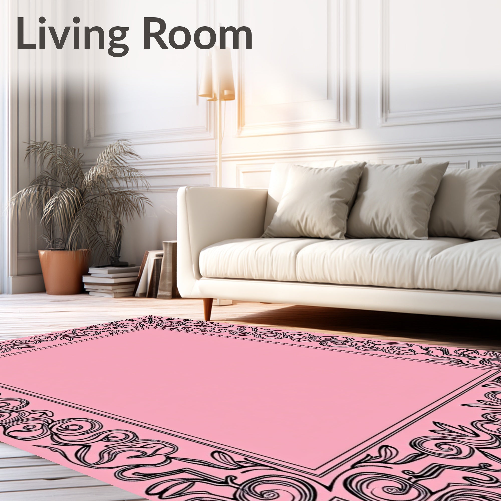 Ornate Pink Whirling Vine Border Rug