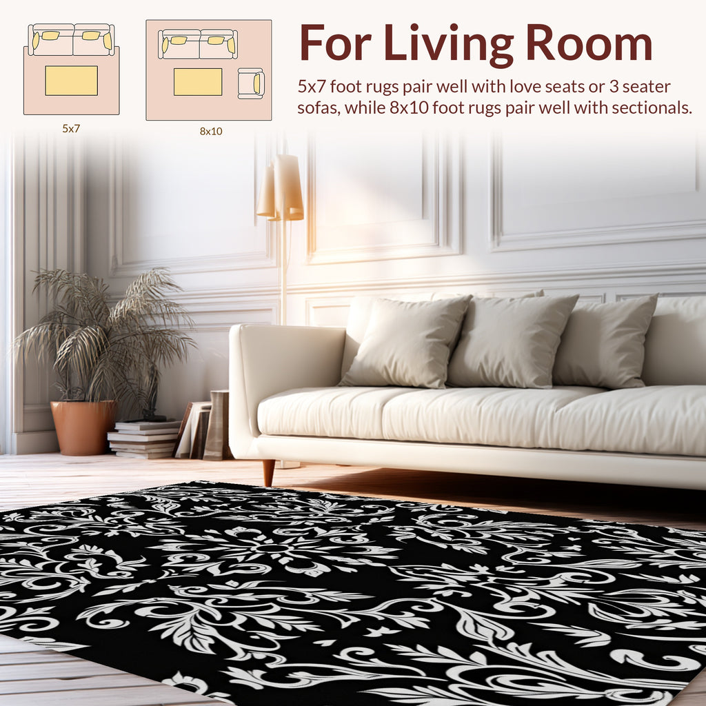 Black White Floral Damask Pattern Rug