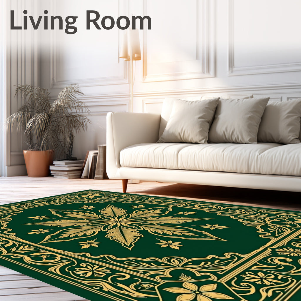 Emerald Golden Leaf Scroll Border Rug
