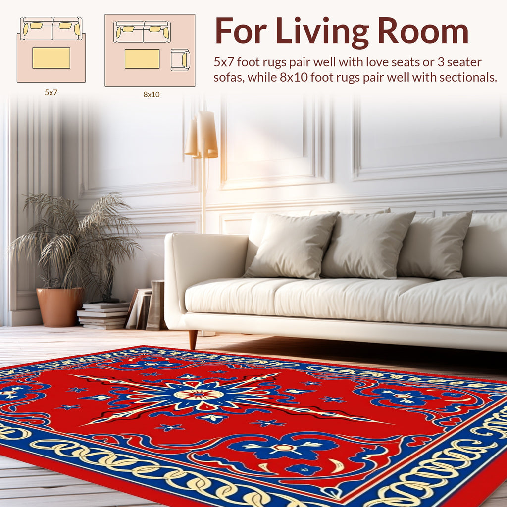 Red Blue Floral Chain Medallion Rug