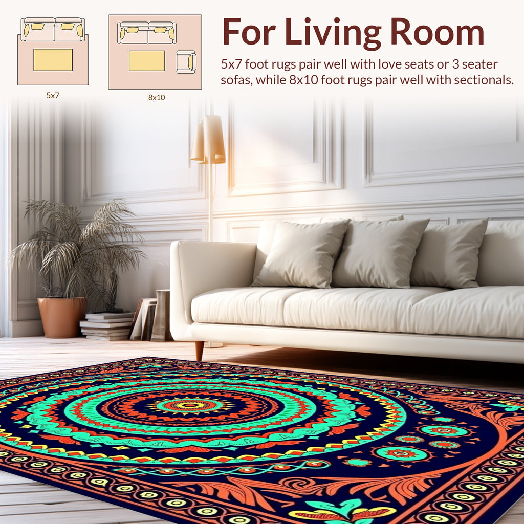 Vibrant Orange Teal Mandala Pattern Rug