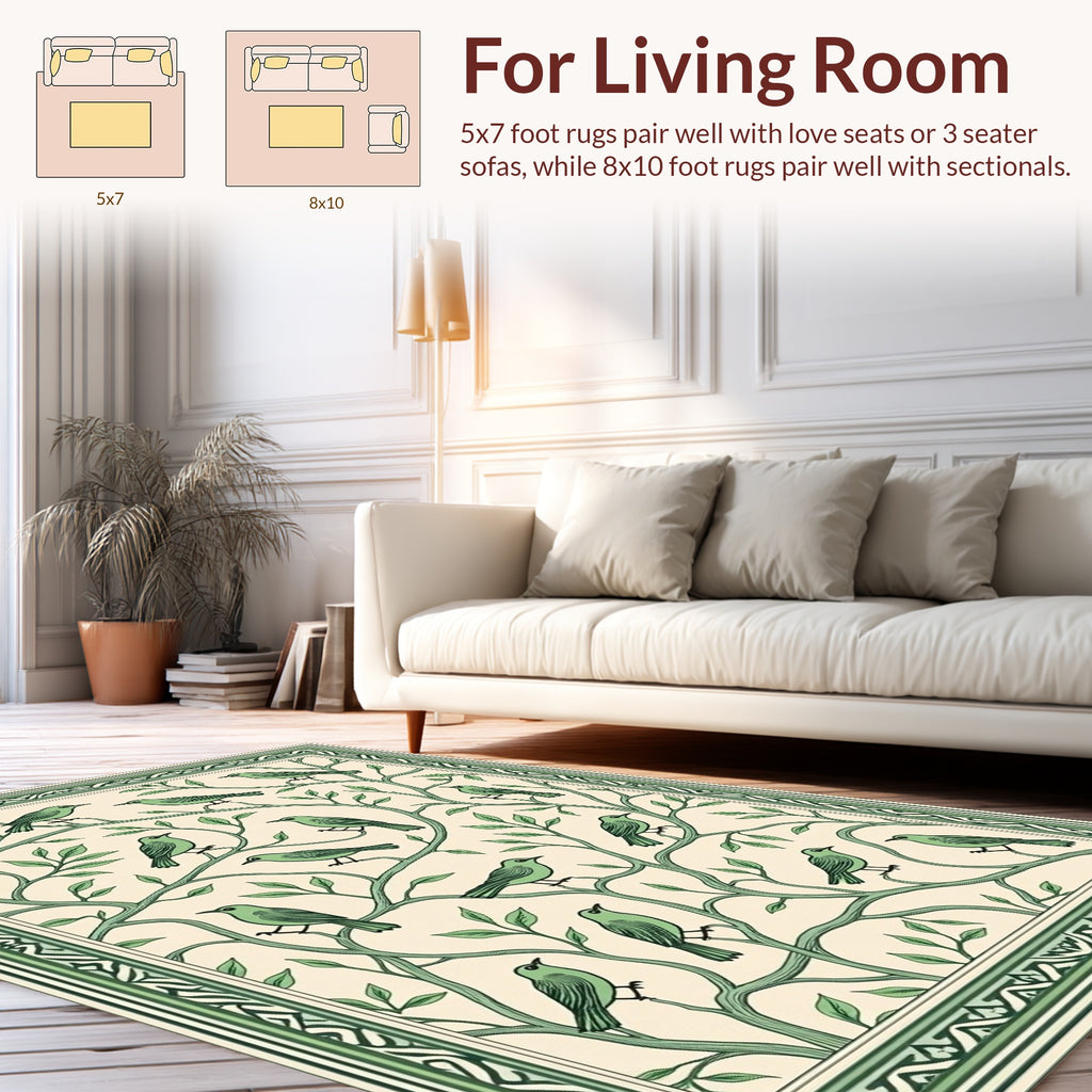 Green Birds on Twig Design Rug
