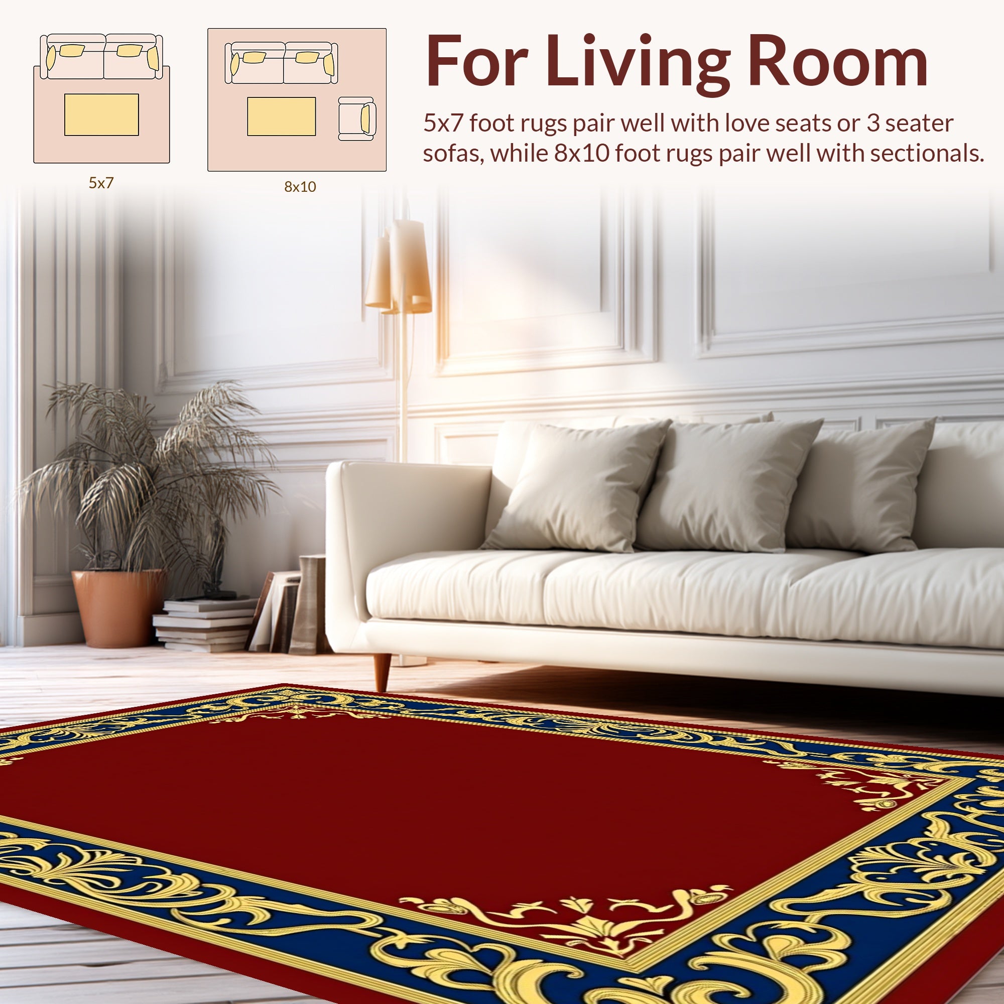 Ornate Blue Gold Floral Border Rug