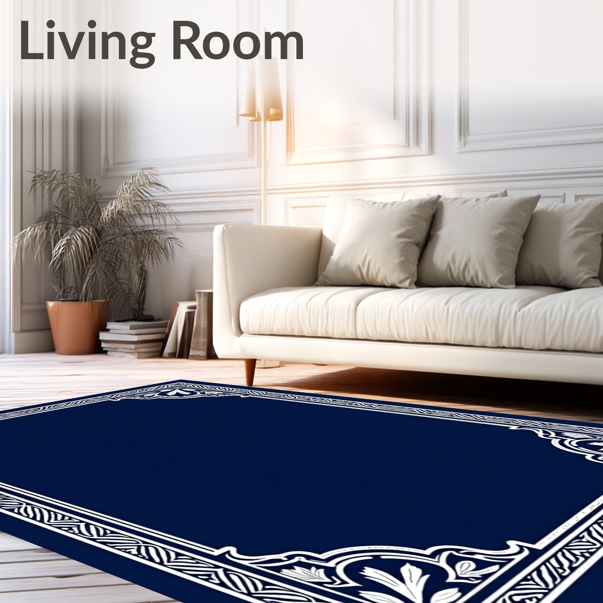 Elegant White Floral Scroll Frame Design Rug
