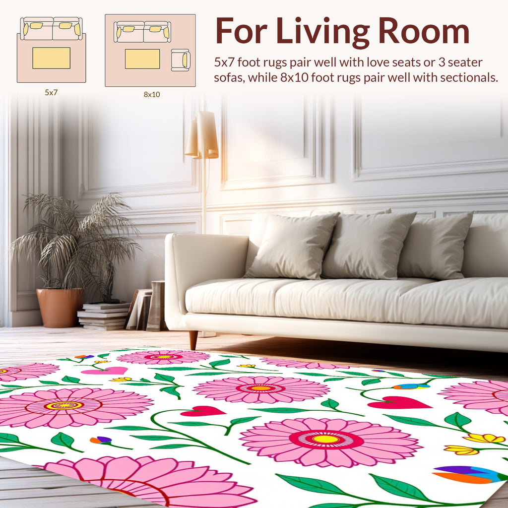 Vibrant Pink Daisy Heart Pattern Rug