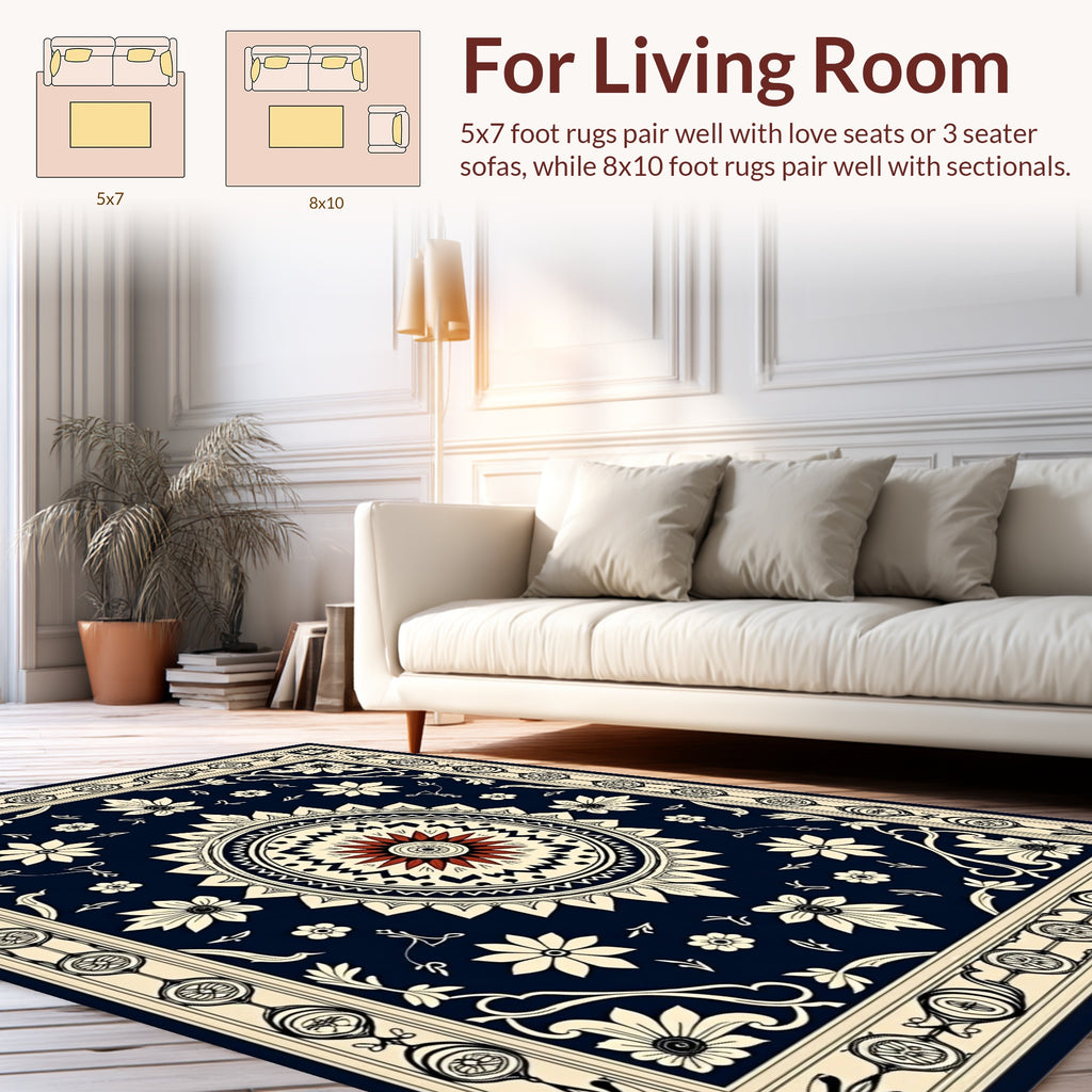 Dark Blue Ivory Floral Mandala Medallion Rug