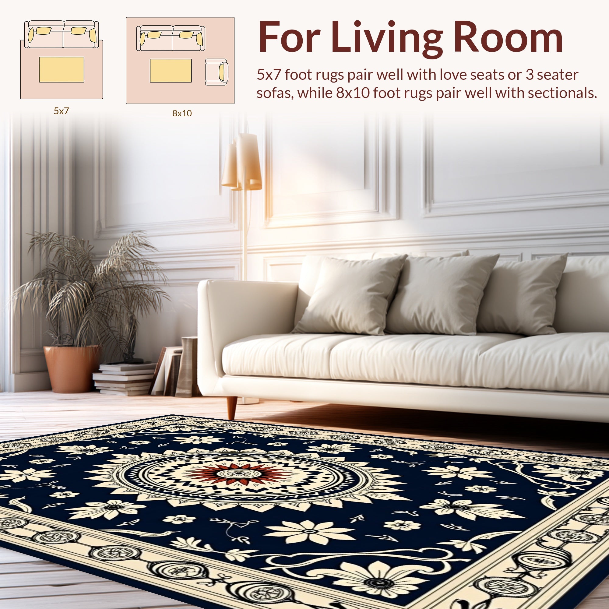 Dark Blue Ivory Floral Mandala Medallion Rug