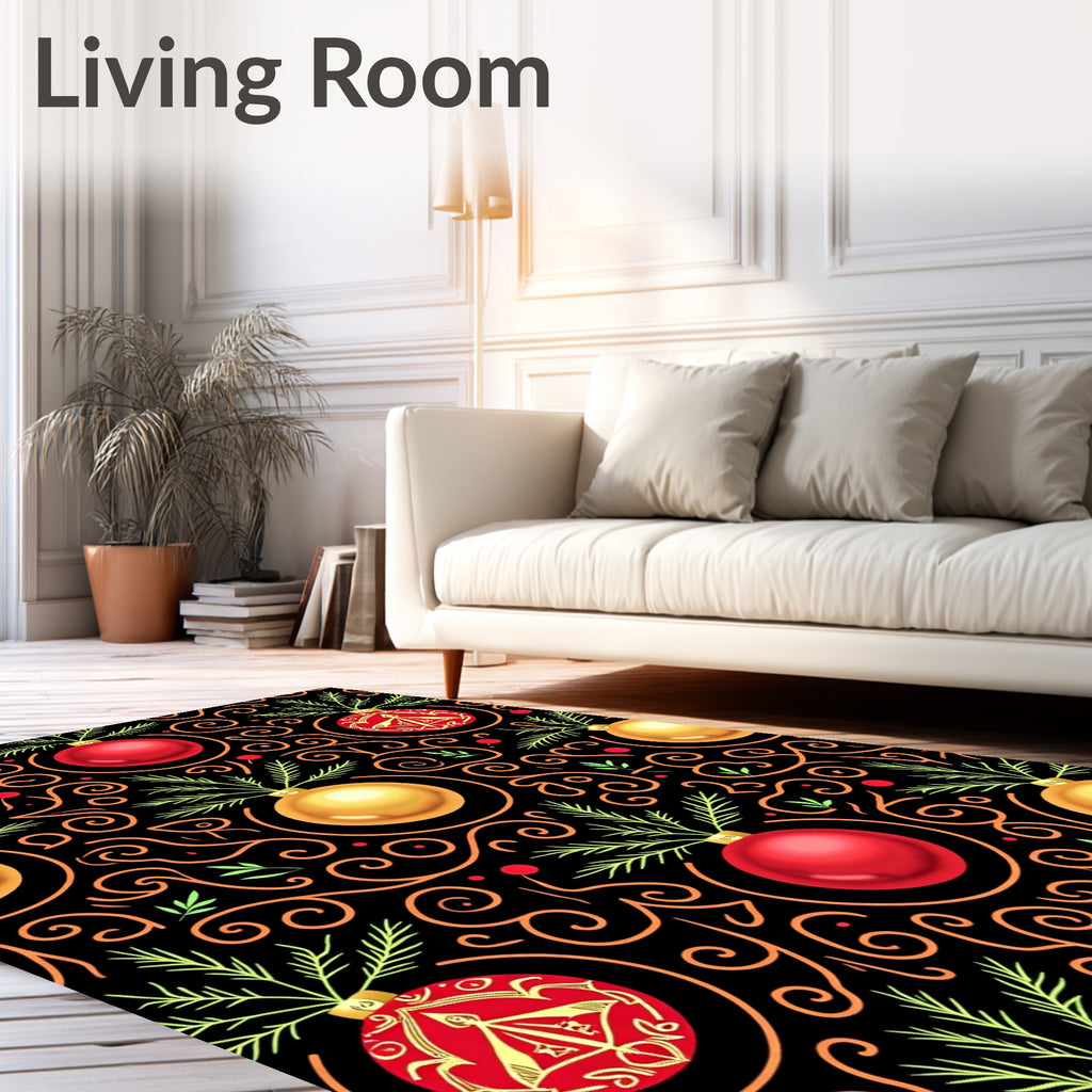 Festive Red Gold Ornaments Swirls Rug