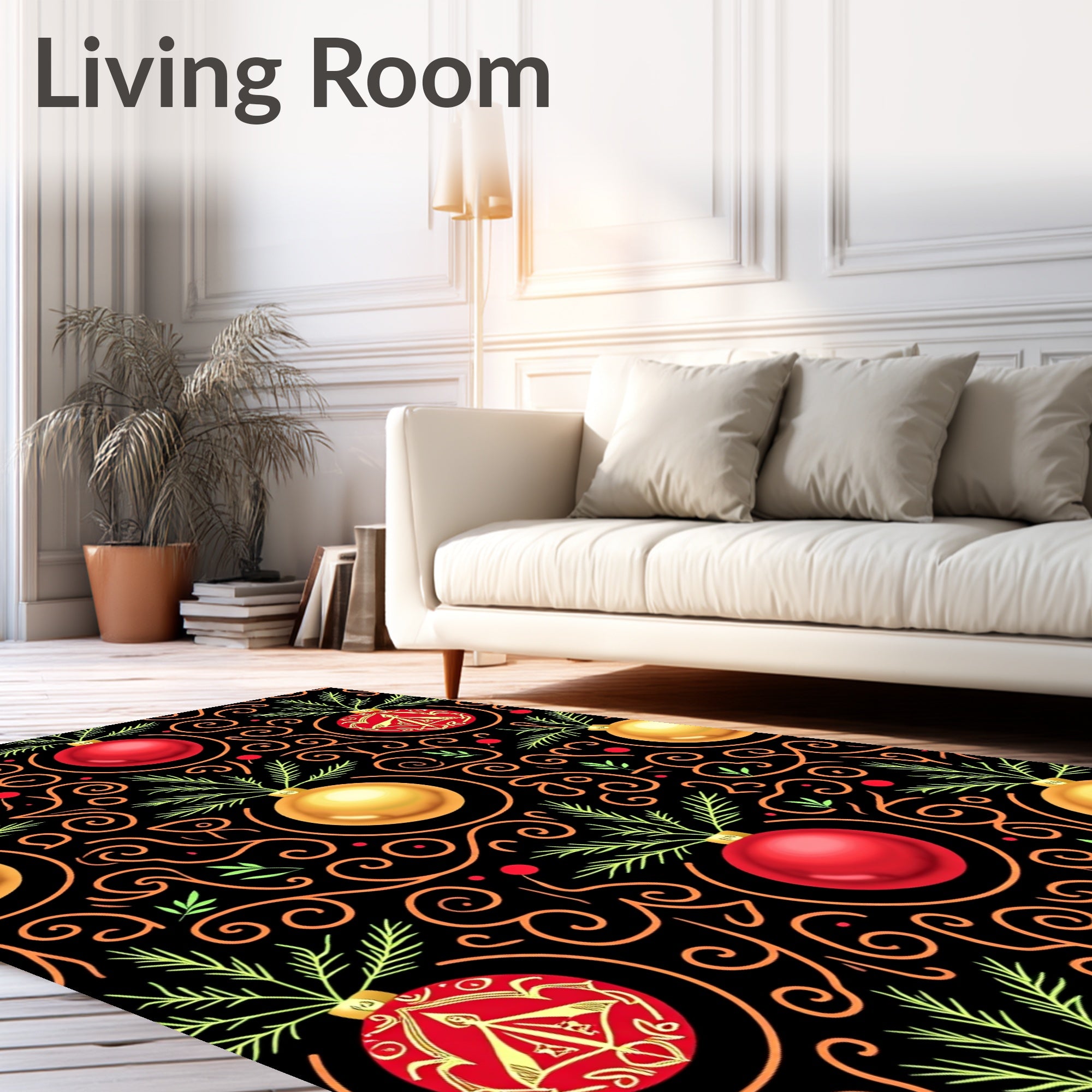 Festive Red Gold Ornaments Swirls Rug