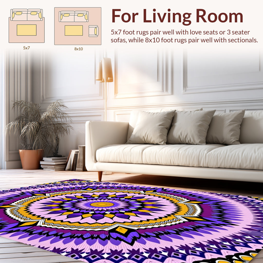 Vibrant Purple Yellow Mandala Pattern Rug