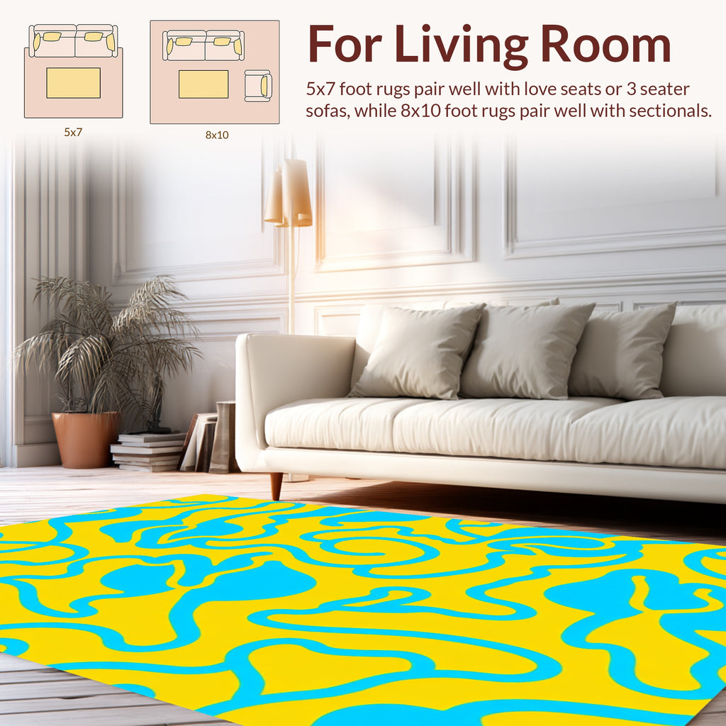 Abstract Wavy Blue Yellow Design Rug
