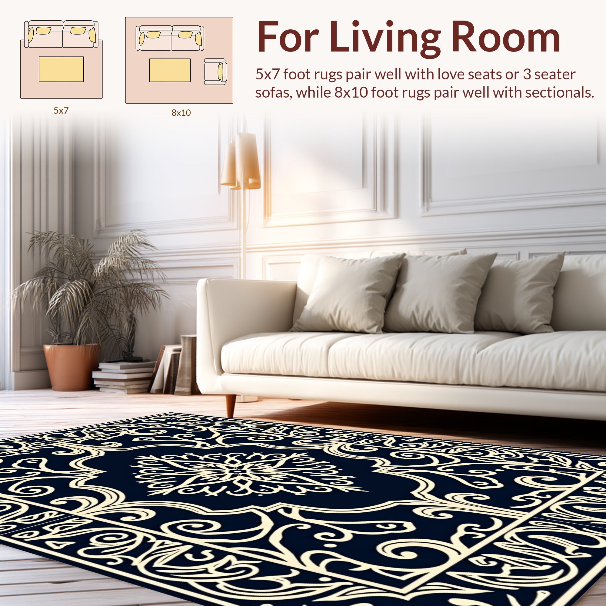 Classic Floral Scrollwork Ivory Navy Rug