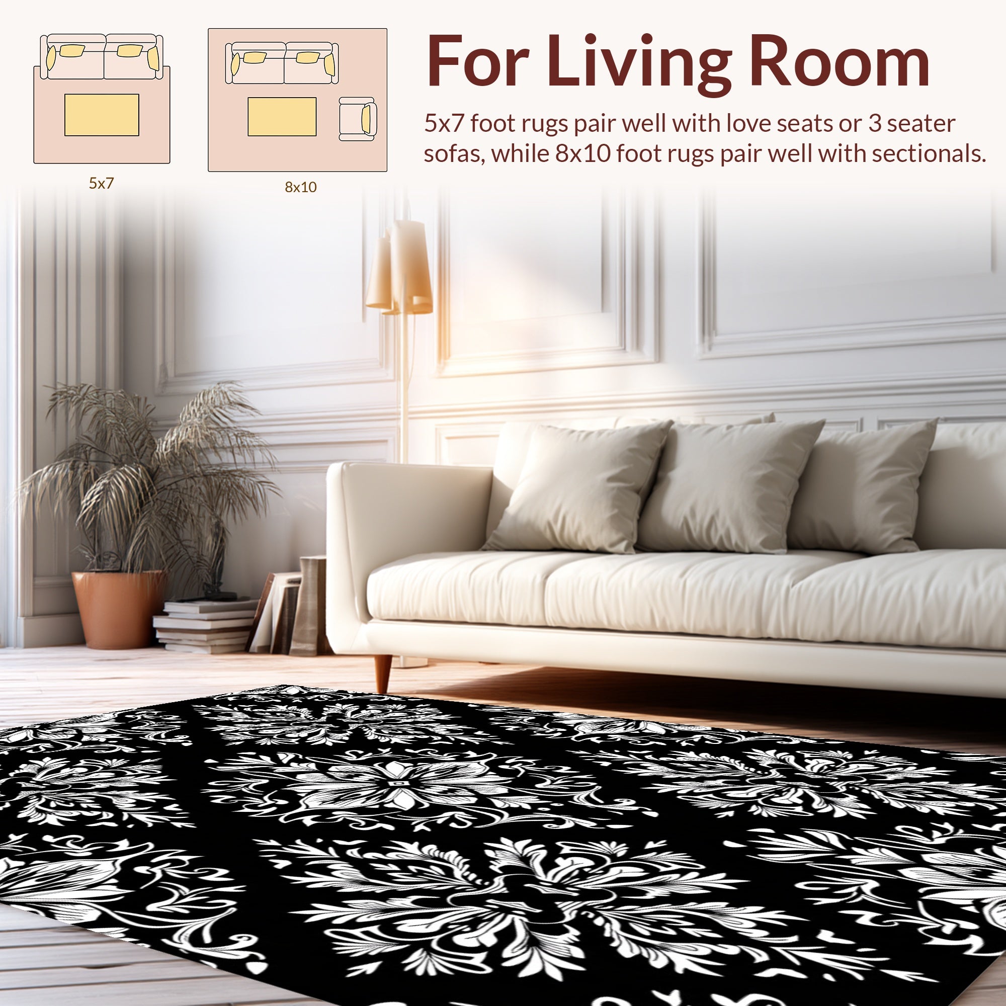 Black and White Floral Damask Design Rug