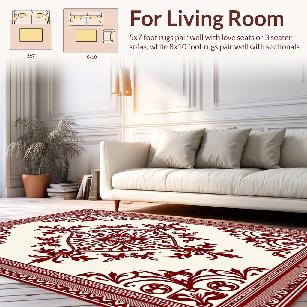 Deep Red Vintage Floral Border Rug
