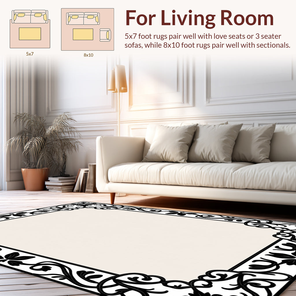 Classic Black Floral Border Design Rug