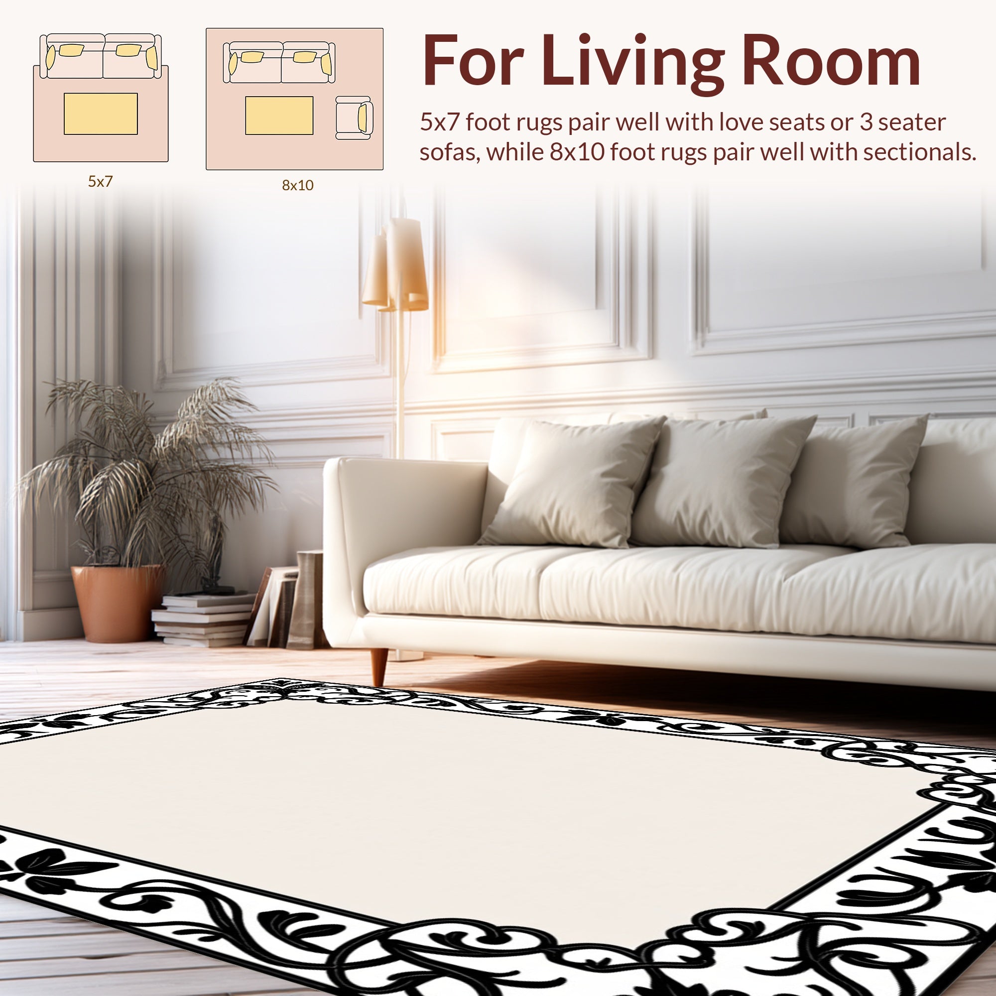 Classic Black Floral Border Design Rug