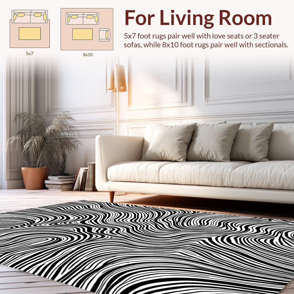 Abstract Wavy Black White Zebra Print Rug