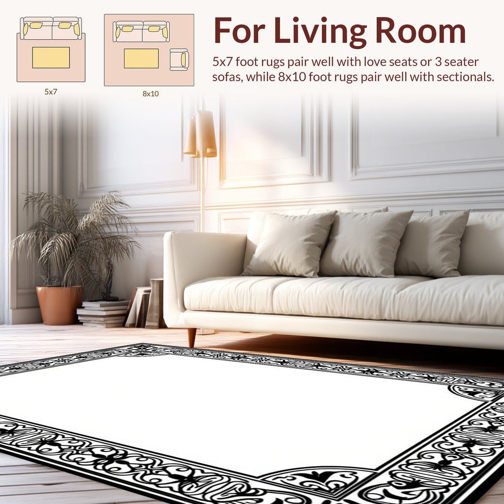 Ornate Scrollwork Black Geometric Trim Rug