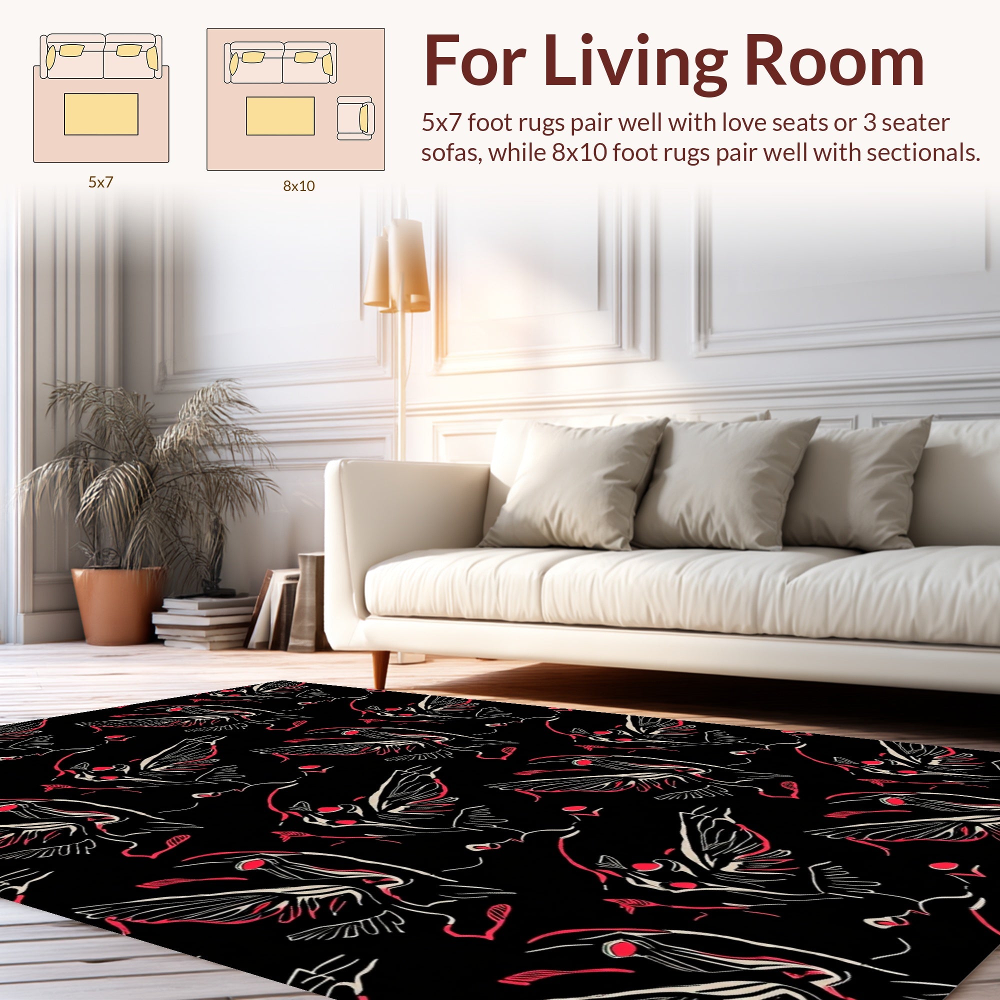 Red Swirling Winged Figures Pattern Rug
