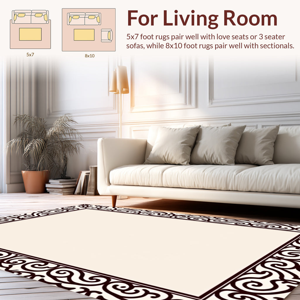 Elegant Scrollwork Dark Cream Border Rug