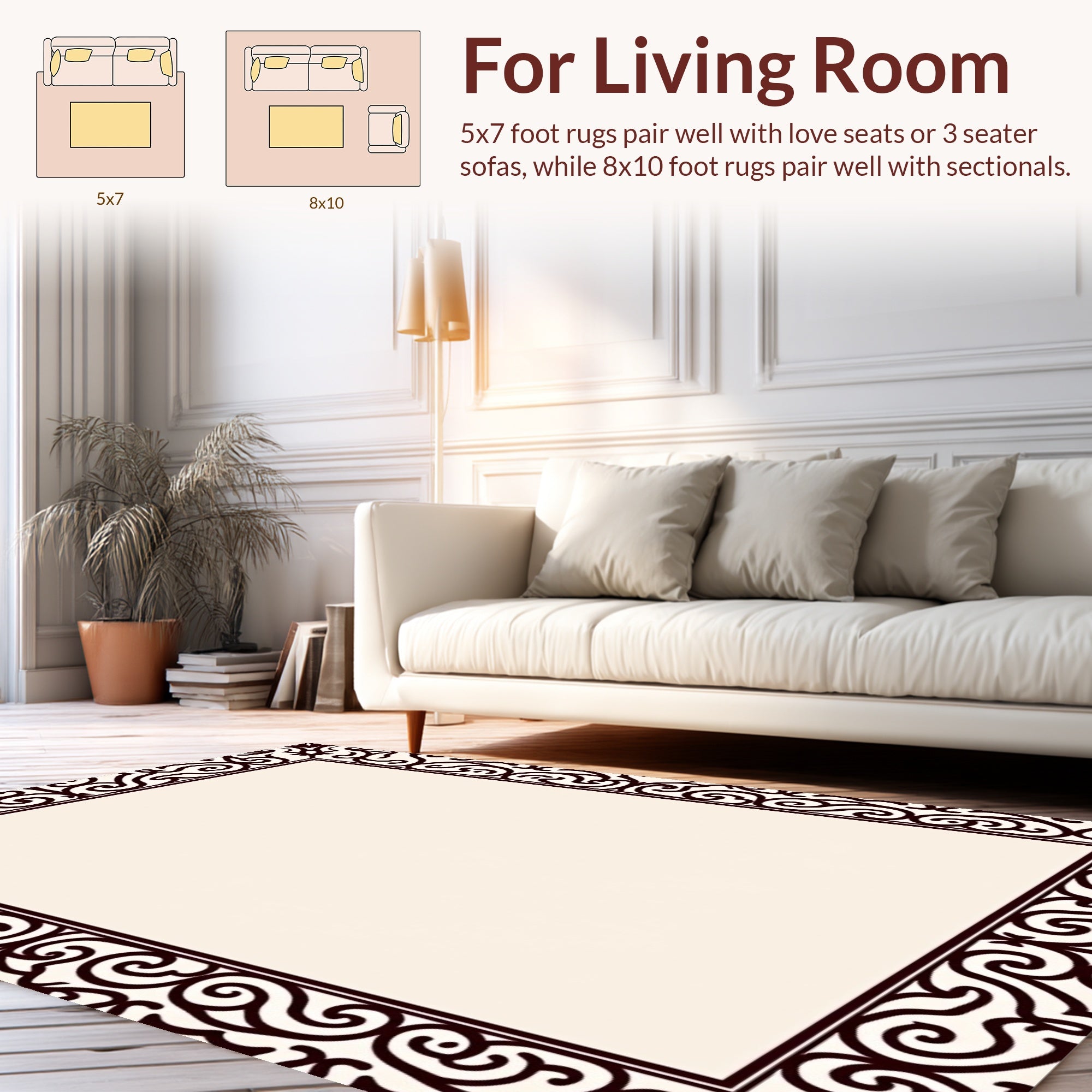 Elegant Scrollwork Dark Cream Border Rug