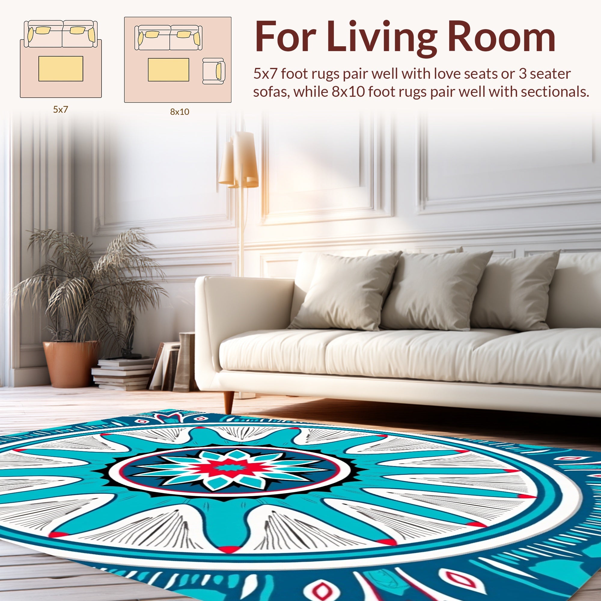 Bold Teal Red Floral Mandala Design Rug