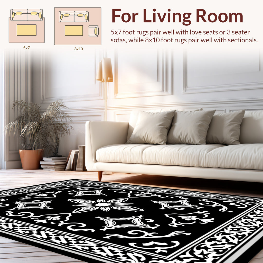 Classic Opulent Black White Filigree Design Rug