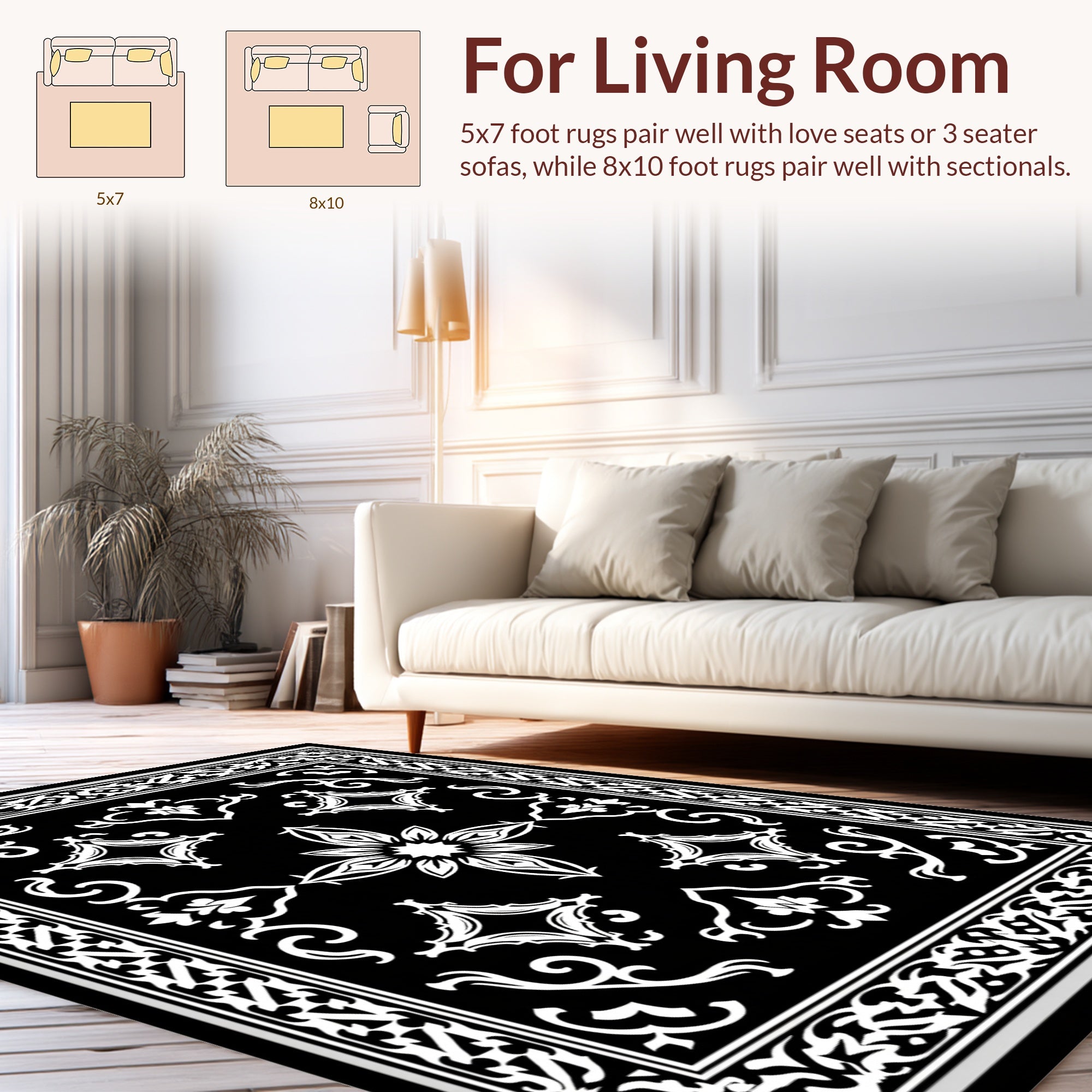 Classic Opulent Black White Filigree Design Rug
