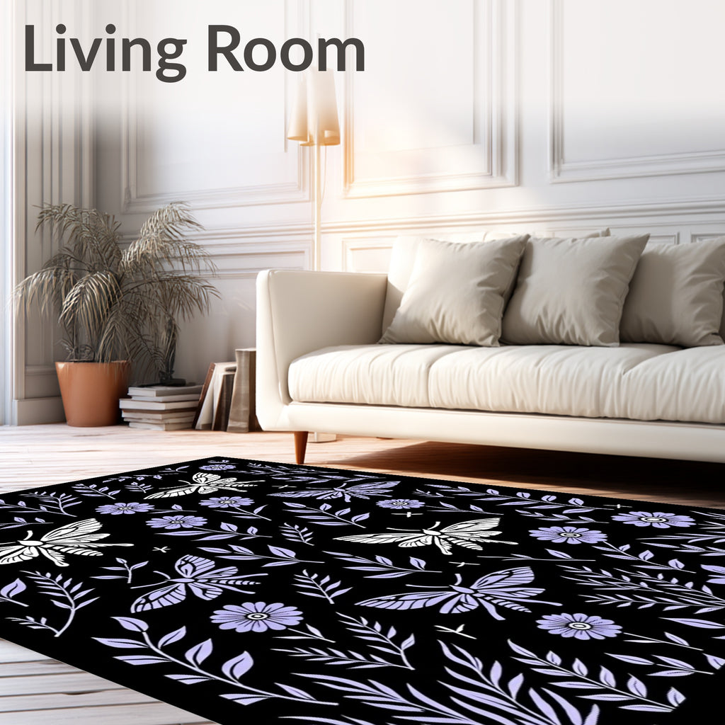 Whimsical Moth Floral Garden Illustration Rug