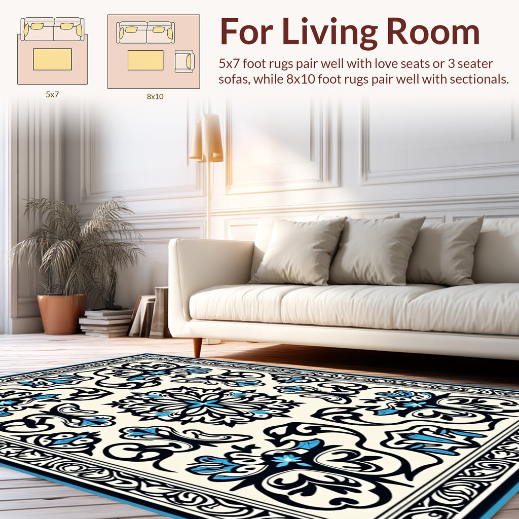 Ornate Floral Black Blue Ivory Rug