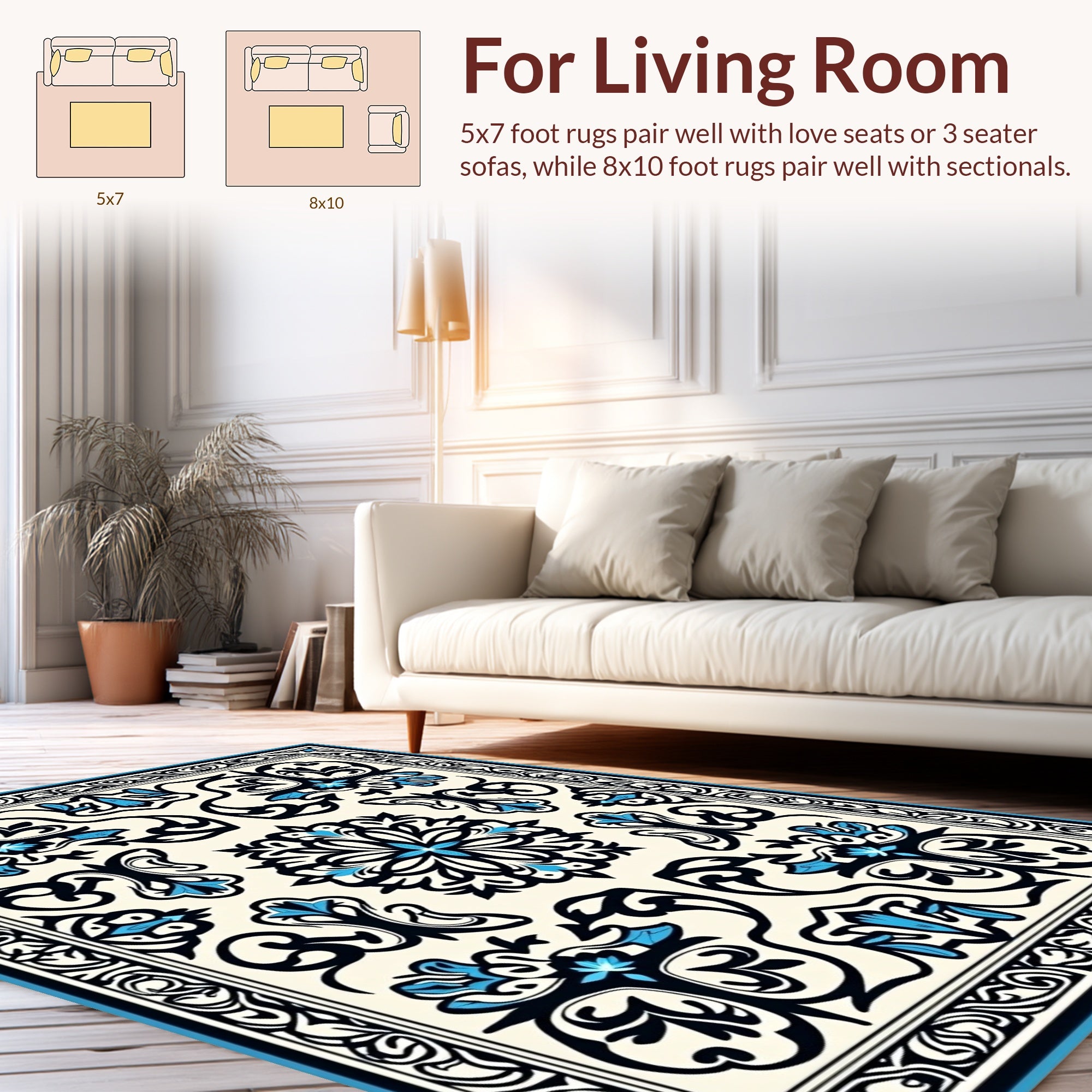 Ornate Floral Black Blue Ivory Rug