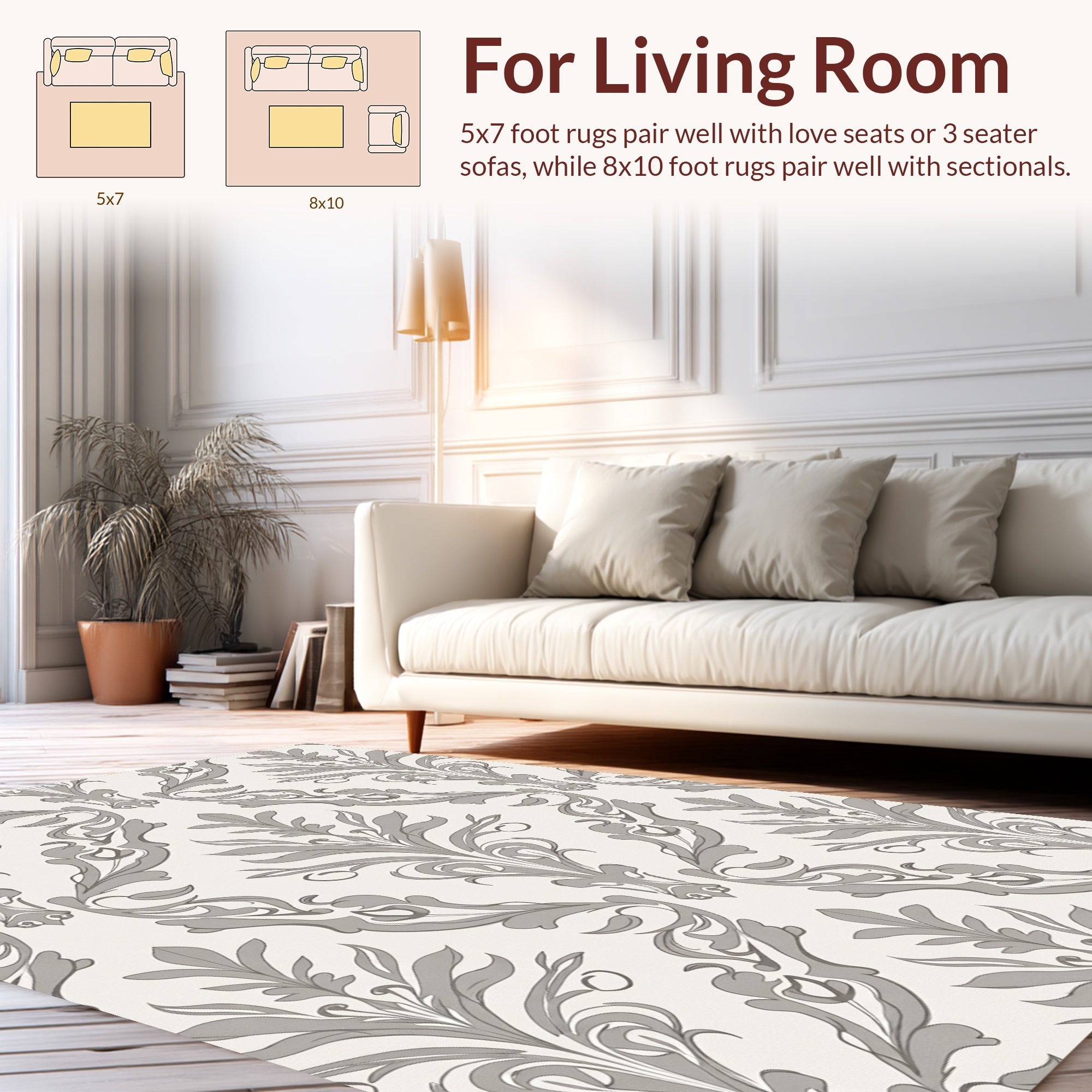 Elegant Gray Floral Damask Pattern Rug