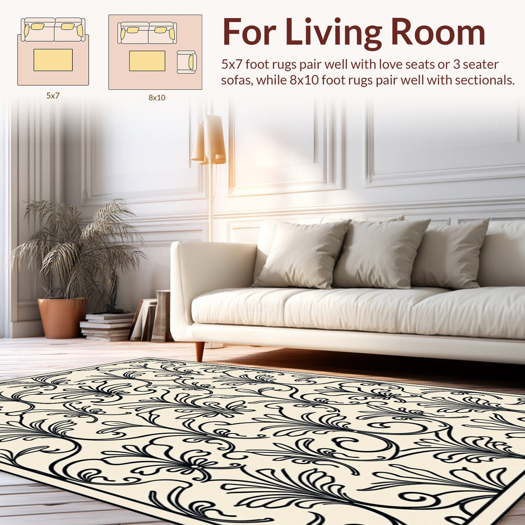 Elegant Black Cream Floral Damask Rug