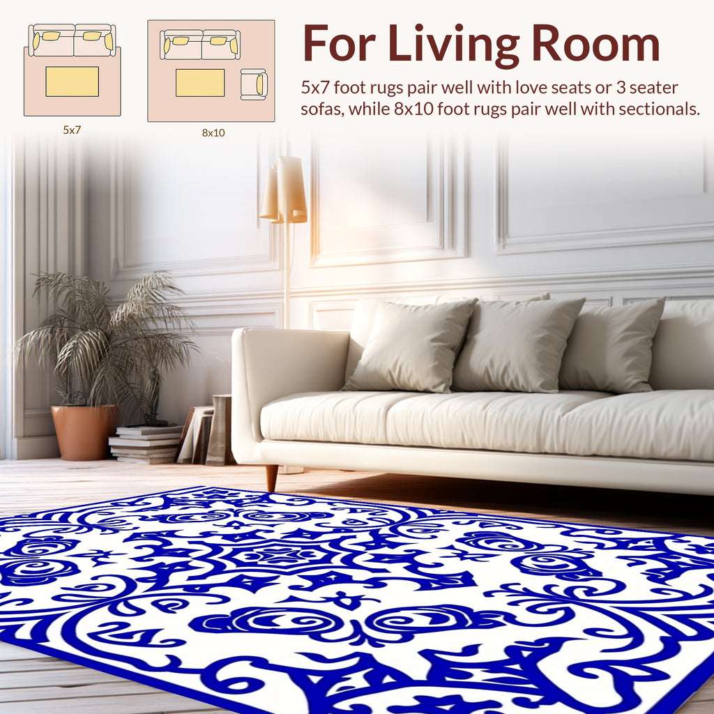 Royal Blue Floral Scroll Pattern Rug