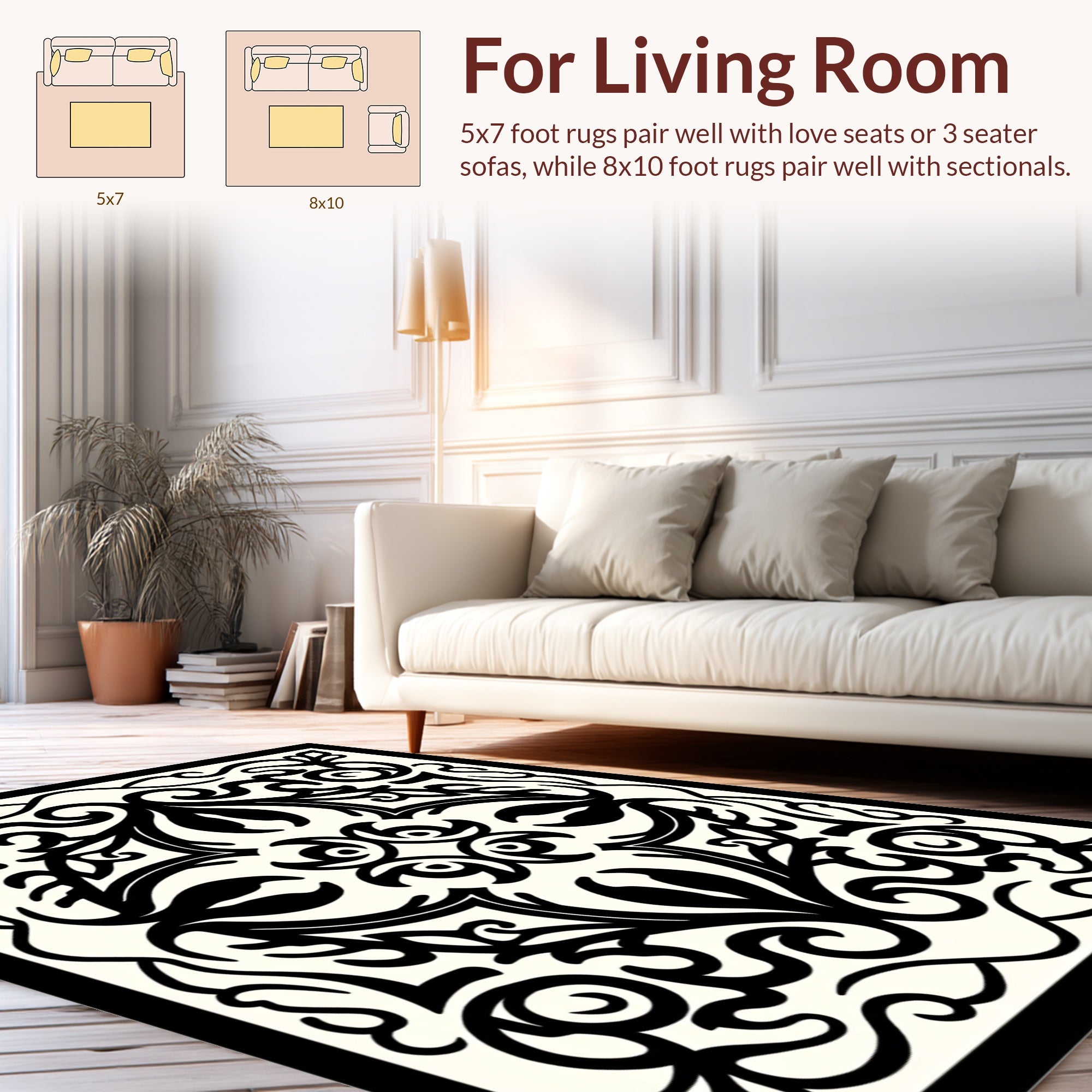 Black White Floral Scroll Work Rug