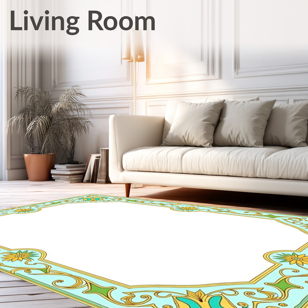 Art Nouveau Floral Yellow Teal Border Rug