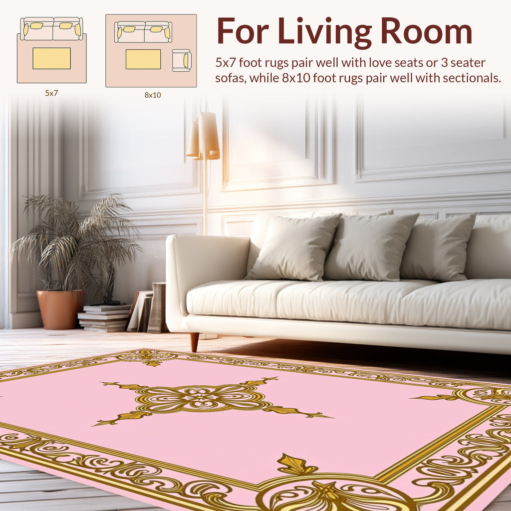 Elegant Gold Scrollwork Pink Design Rug