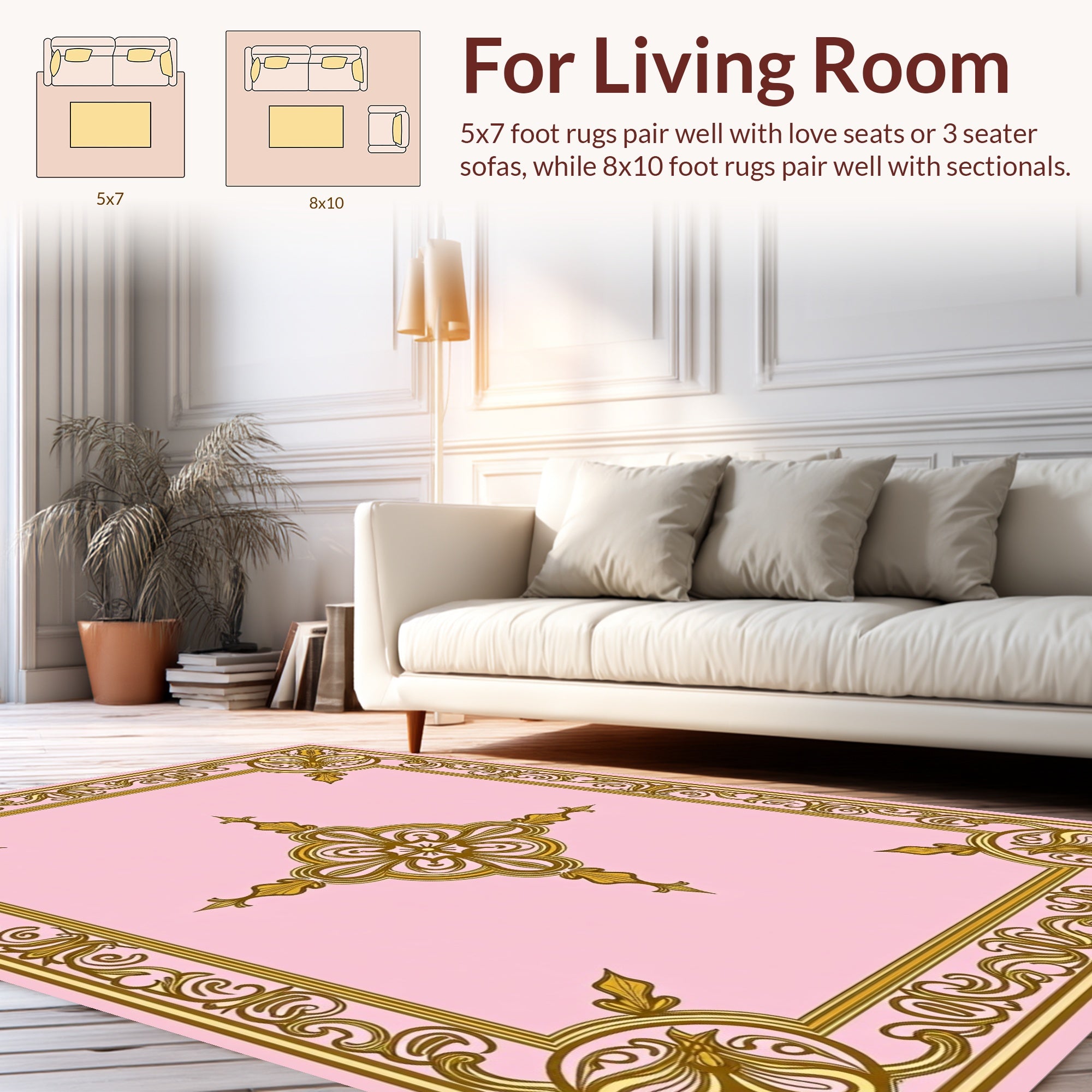 Elegant Gold Scrollwork Pink Design Rug