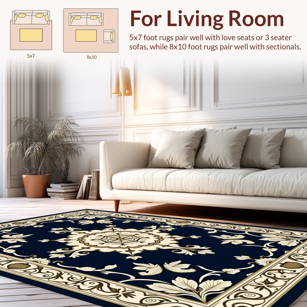 Ornate Cream and Navy Floral Rug