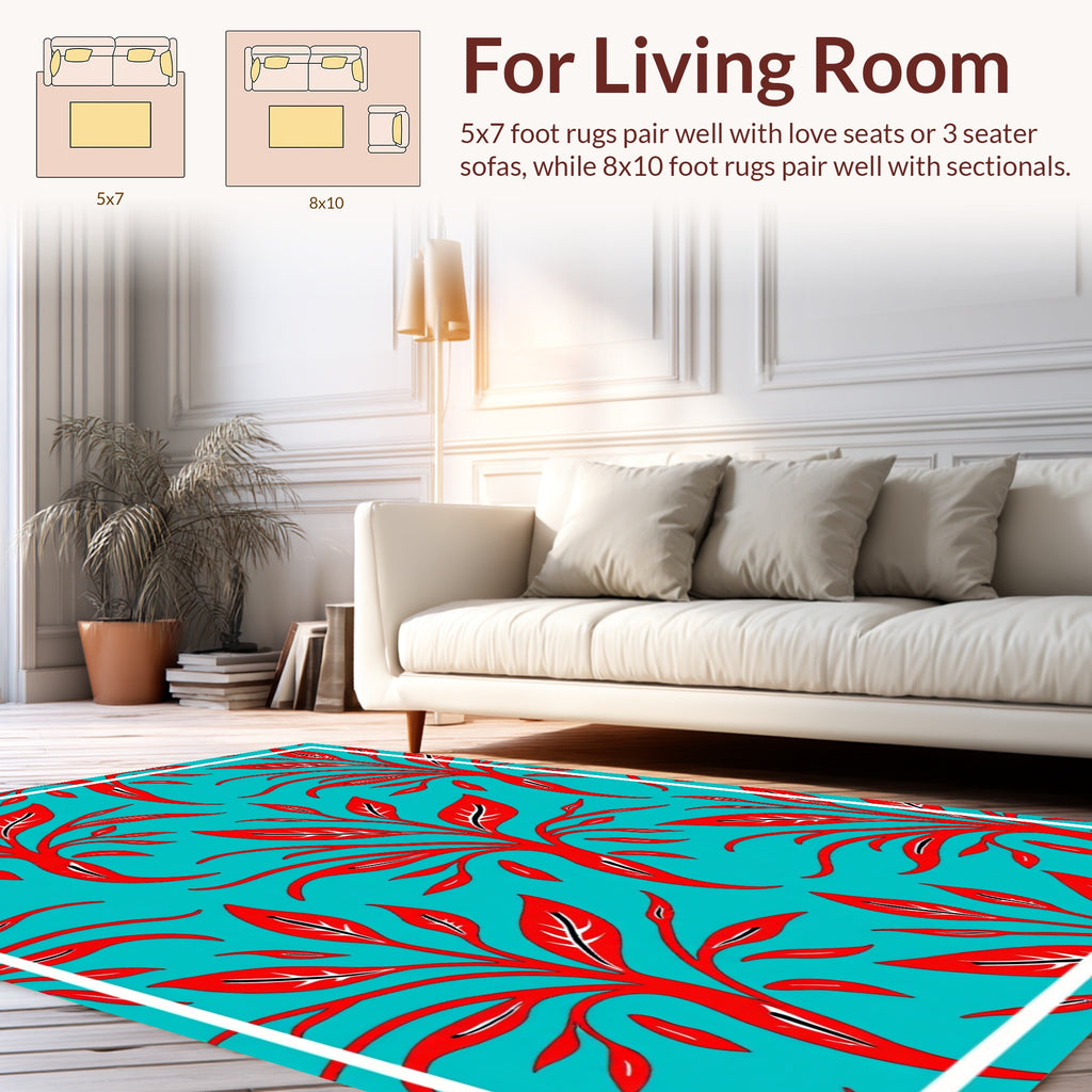 Vibrant Red Foliage Teal Pattern Rug