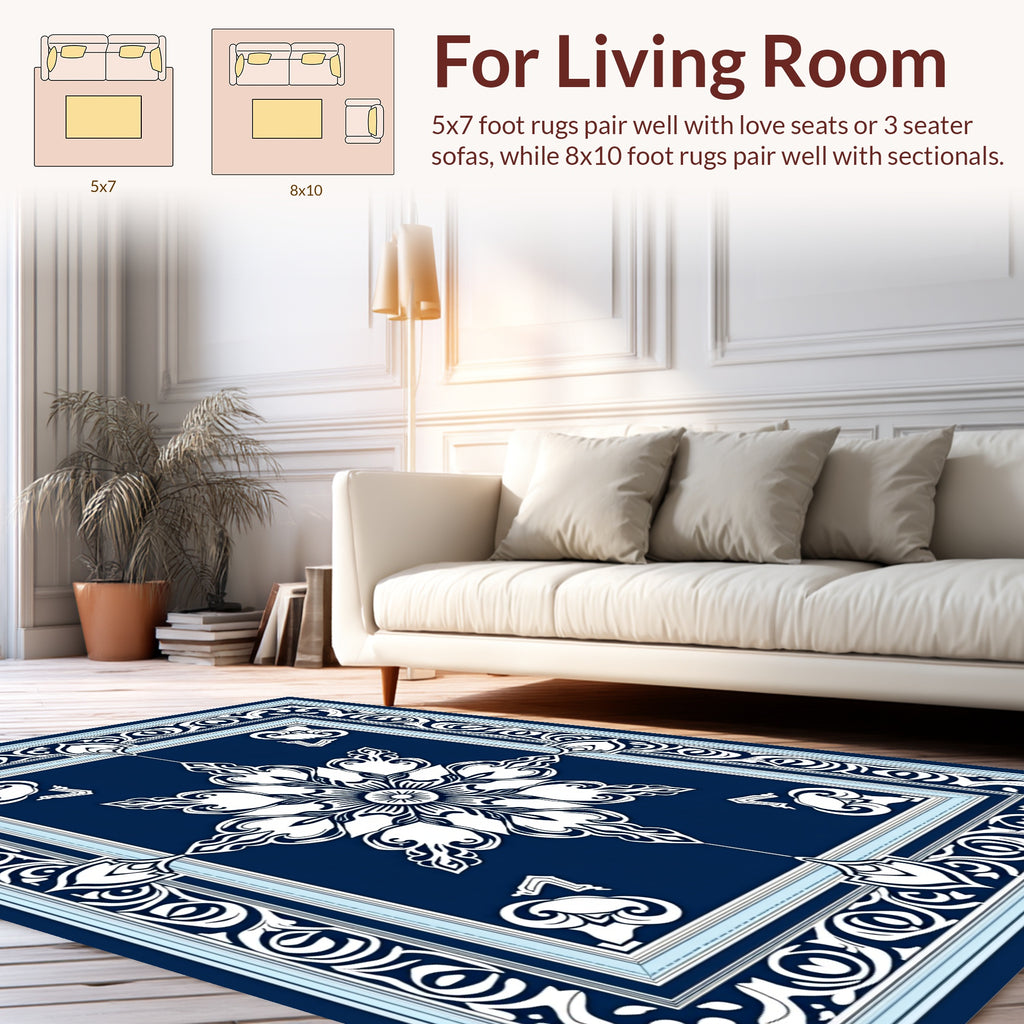 Intricate Floral Border Dark Blue Rug