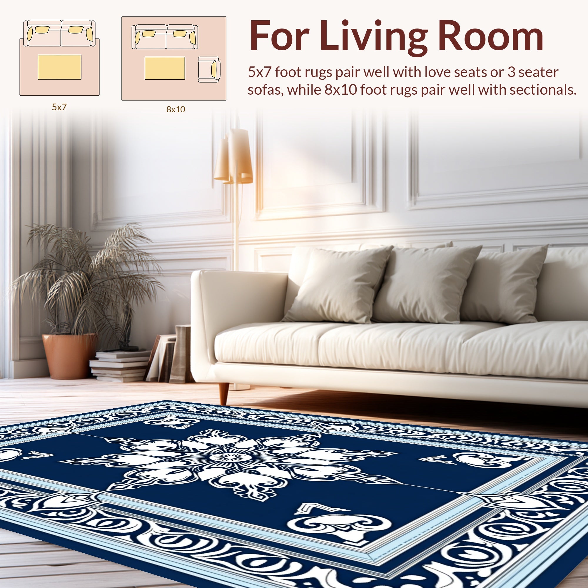 Intricate Floral Border Dark Blue Rug