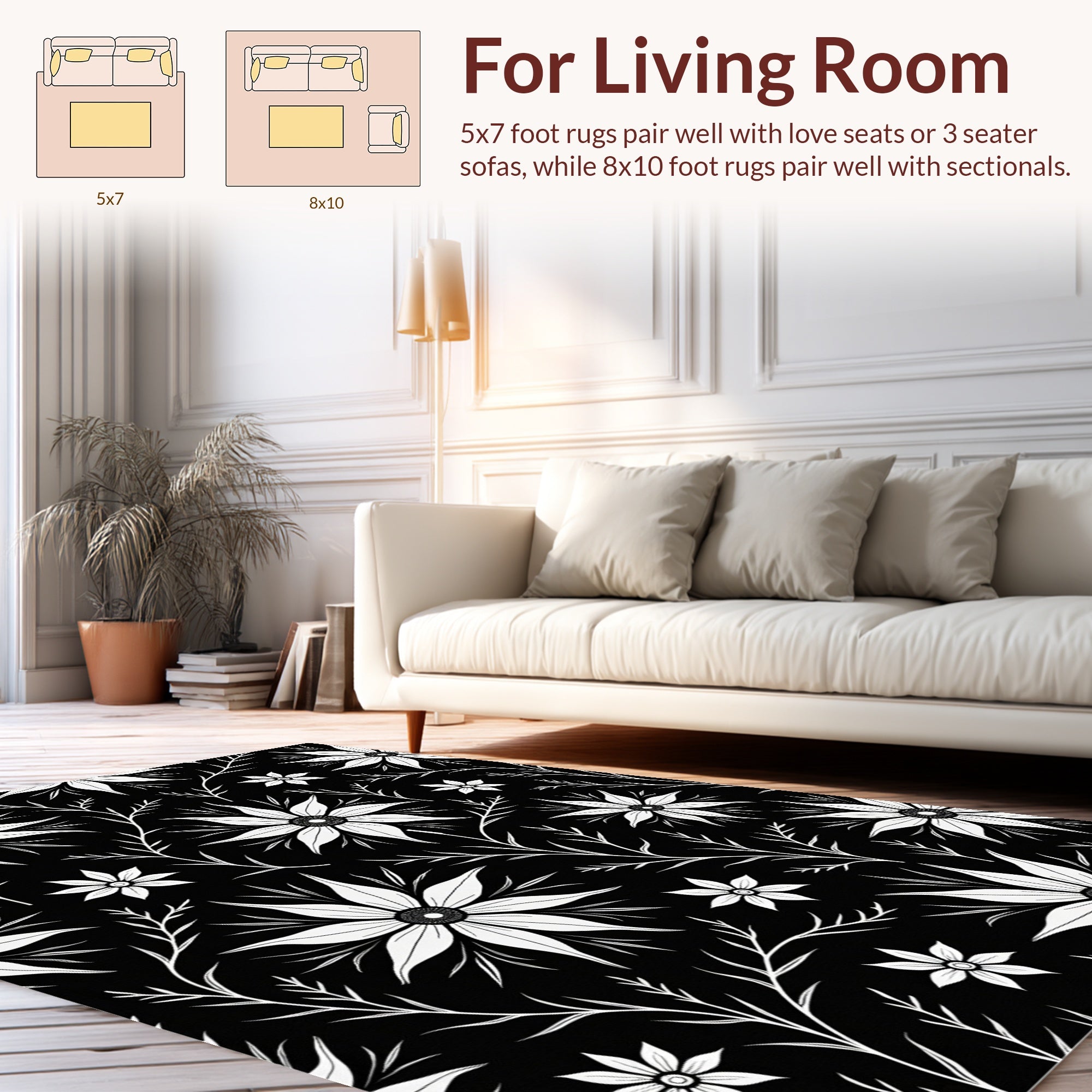 Black White Floral Botanical Art Rug
